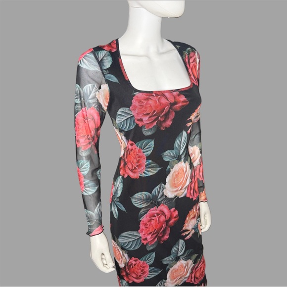 bebe Black Square Neck Long Sleeve Mesh Midi Dress - Picture 5 of 8